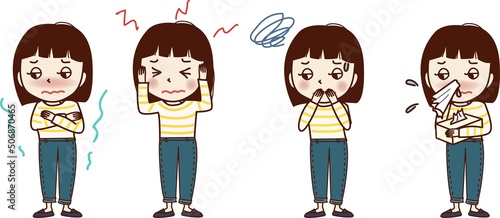 体調不良の若い女性のセットイラスト。悪寒・頭痛・吐き気・鼻水