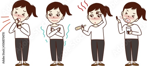 体調不良の若い女性のセットイラスト。咳・発熱・薬・悪寒。