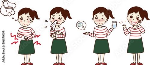 体調不良の若い女性のセットイラスト。腹痛・鼻水・薬・ガッツポーズ。