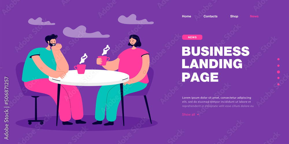 People drinking hot drink at cafe table together. Woman and man holding tea or coffee cups flat vector illustration. Conversation of two friends concept for banner, website design or landing web page People drinking hot drink at cafe table together. Woman and man holding tea or coffee cups flat vector illustration. Conversation of two friends concept for banner, website design or landing web page