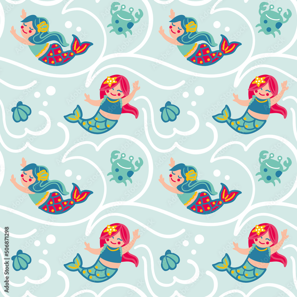 Fototapeta premium Cute mermaids on the ocean. Fantasy print for small girls. Seamless pattern.