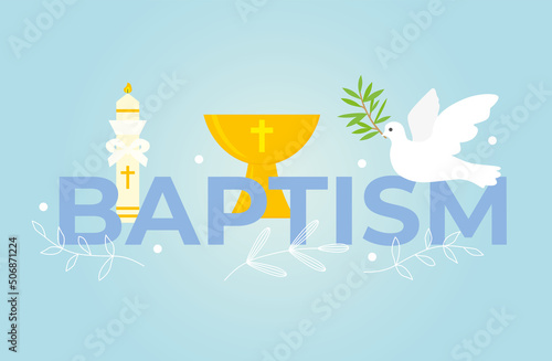 Baptism banner, invitation design template with baptismal font, dove- Holy Spirit symbol, candle and floral elements -vector illustration