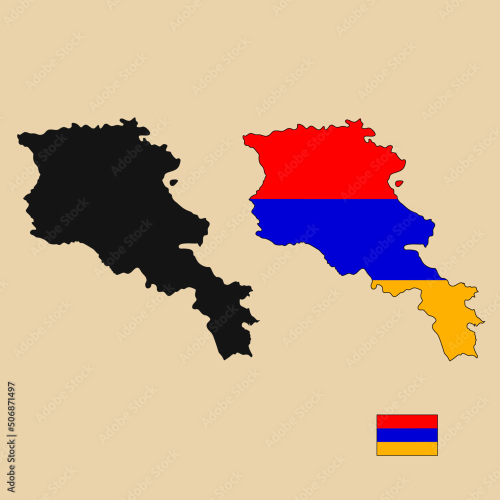 Vector of Armenia country outline map with flag set isolated on plain background. Silhouette of country map can be used for template, report, and infographic.