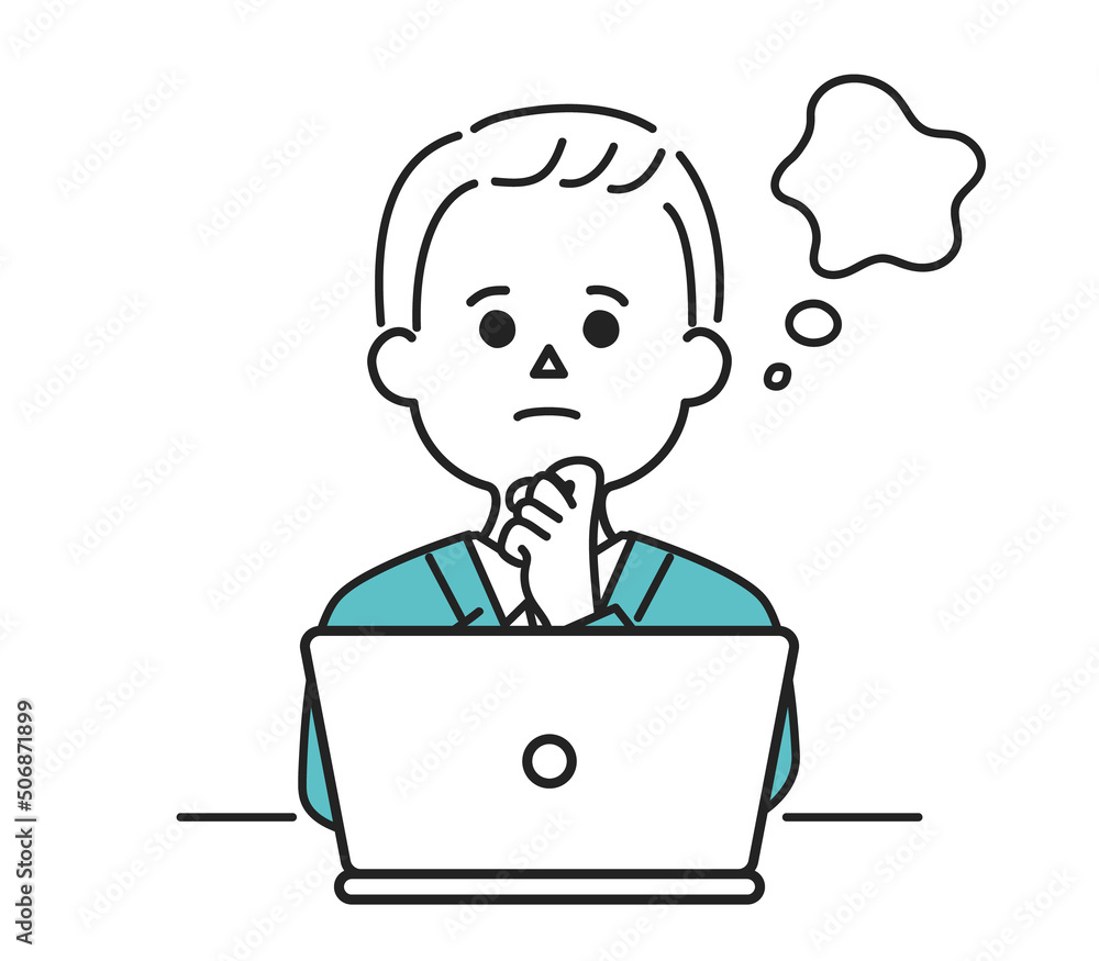 PCの前で考えるビジネスパーソンのイラスト
PCの前で考えるビジネスパーソンのイラスト