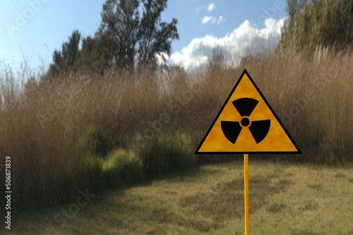 Radiation sign on a against the sky and greenery. 3D render
