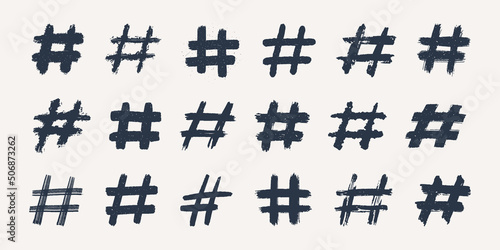 Hashtags, vector ink painted tag icons on white background. Hand Drawn vector illustration.