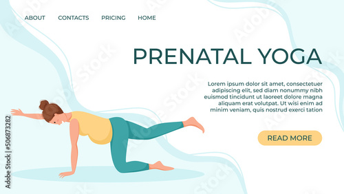 Vector banner template for prenatal yoga studio website. A pregnant woman goes in for sports.