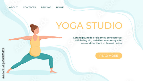 Vector banner template for prenatal yoga studio website. A pregnant woman goes in for sports.