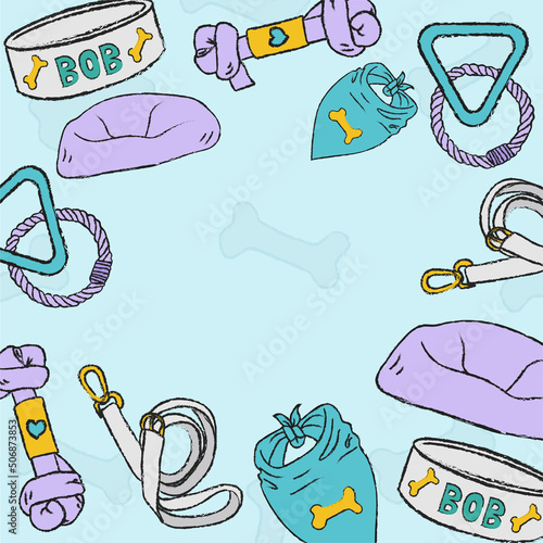 Set of items for dogs or pet. Copy space for text. Hand drawing flat vector illustration