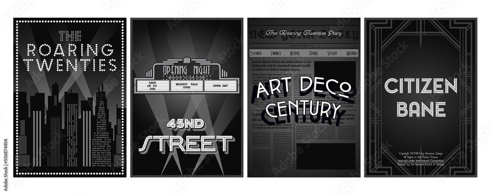 Art Deco Cinema Style Black And White Retro Posters. 1920s Modern ...