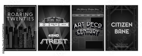 Art Deco Cinema Style Black And White Retro Posters. 1920s Modern Monochrome Design Vintage Illustrations Set