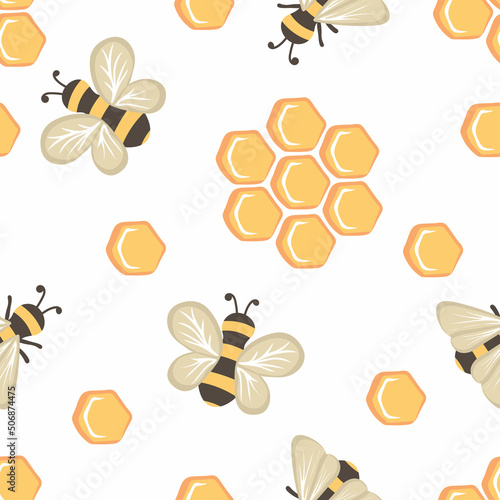 Seamless pattern with bees and honeycombs. Suitable for textile, fabric, wallpaper, wrapping. Hand drawn vector illustration