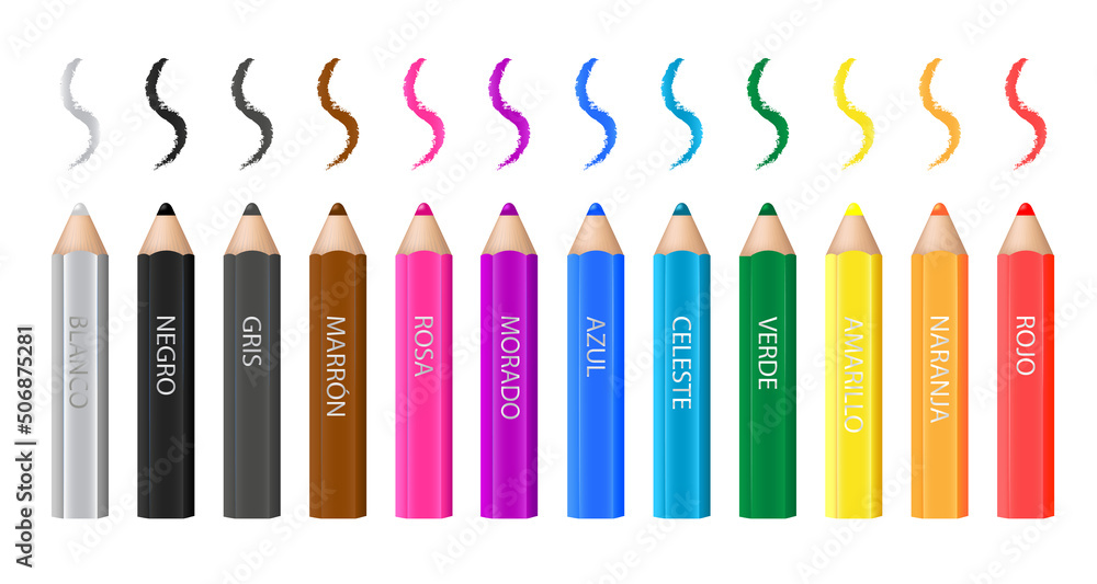 Fototapeta premium Colorful pencils with spanish names of colors: rojo, naranja, amarillo, verde, celeste, azul, morado, rosa, marron, gris, negro, blanco. Vector design
