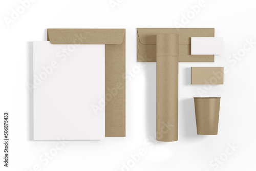 Brown Kraft branding identity stationary mockup isolated on white background. eco friendly and zero waste concept. 3d rendering. photo