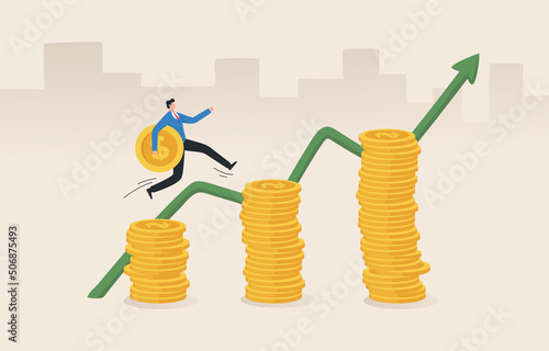 Income growth concept. Investment management. Successful Investments. Stock market.. Investors run on the money coin chart to reach the profit point.