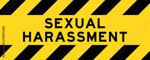 Yellow and black color with line striped label banner with word sexual harassment
