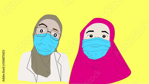 Two muslim women wearing hijab and face mask next to each other