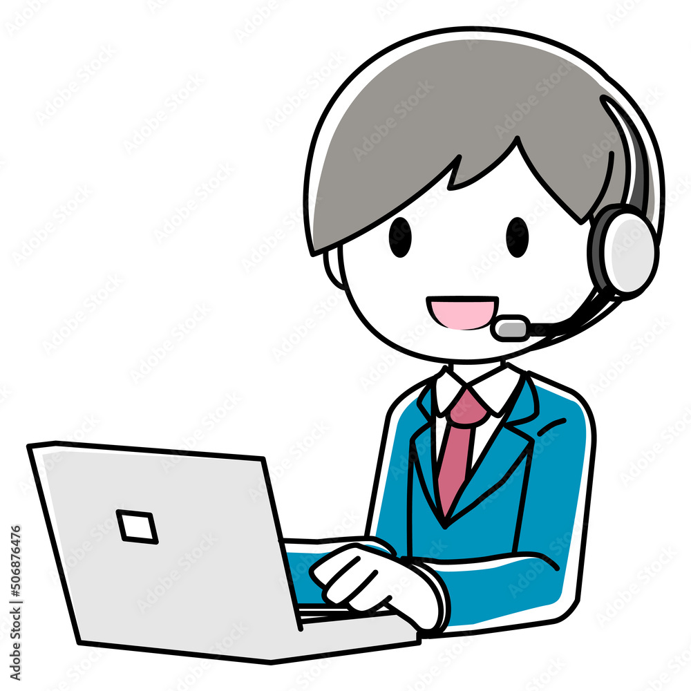 ヘッドセットで電話しながらPCを操作する男性のイラスト ヘッドセットで電話しながらPCを操作する男性のイラスト