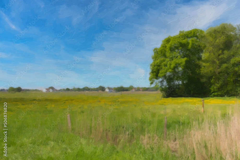 Beautiful rural landscape with green field or meadow under vivid blue sky and farm houses in the background, digital oil painting with brush and palette knife strokes on canvas