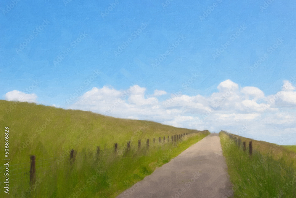 Empty road on a dike, digital oil painting with brush and palette knife strokes on canvas, concept of travel, vacation, leisure time