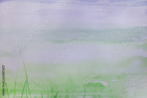 Abstract landscape with green grass in morning haze. Effortlessness and morning freshness concept. Minimalistic watercolor artwork. Delicate background. Airy brush strokes texture wallpaper.