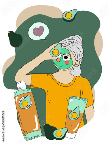 Woman having facial mask wth avocado product. Hand drawing flat vector illustration