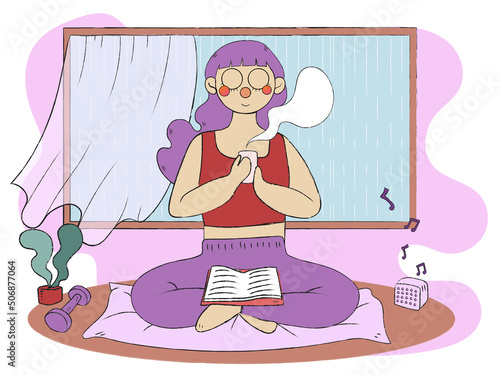 Relaxing woman enjoying home activities; reading, having drink, meditating, listening to music and exercising. Hand drawing flat vector illustration
