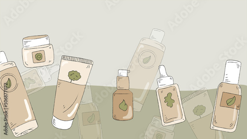 Set of skincare or body treatment. Copy space for text. Hand drawing flat vector illustration