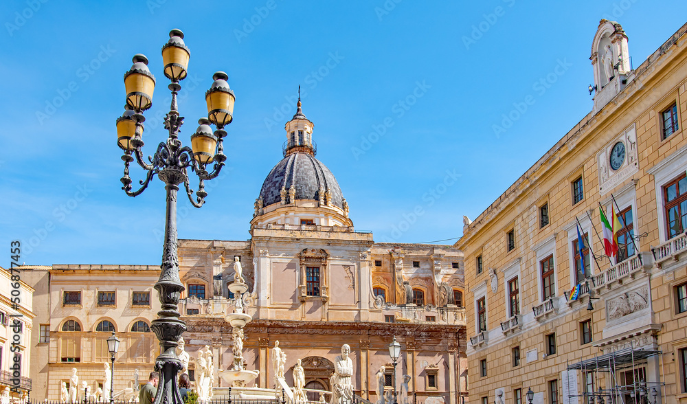 Panoramic view of Piazza Pretoria or Piazza della Vergogna, Palermo, Sicily, Italy 