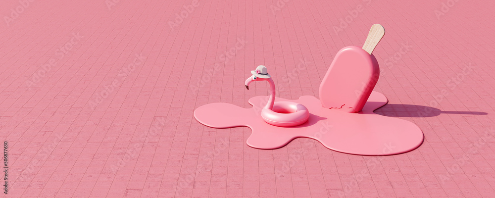 Ice cream on the stick is melting on the sidewalk with flamingo life belt are floating on it. Creative summer travel concept 3d render 3d illustration Ice cream on the stick is melting on the sidewalk with flamingo life belt are floating on it. Creative summer travel concept 3d render 3d illustration