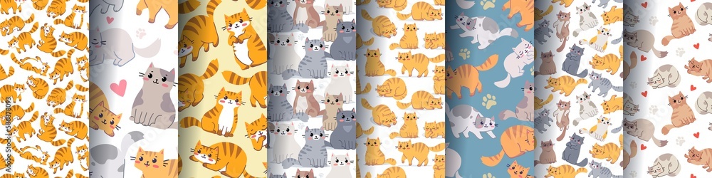 Vector flat line art style design collection of animal cat on color background. Large set of seamless pattern with happy cat character in different pose Vector flat line art style design collection of animal cat on color background. Large set of seamless pattern with happy cat character in different pose