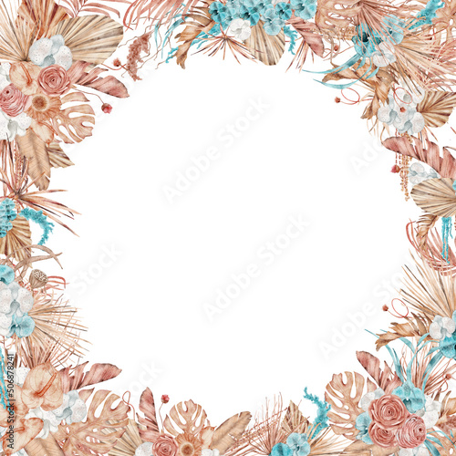 Watercolor tropical frame with dried palm leaves and flowers Hand-painted exotic illustration