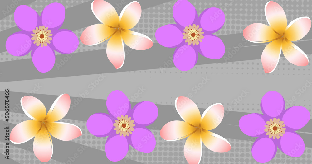 Image of pink and purple flowers on spinning grey stripes in background