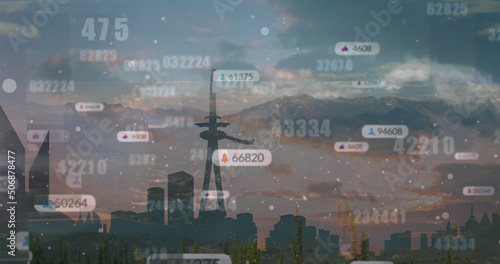 Image of social media icons and numbers over landscape background