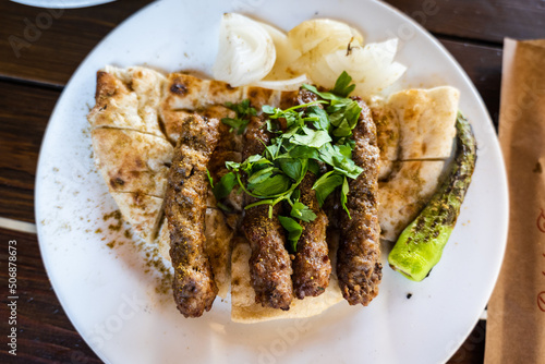Shish Kofte (Sis Kofte in Turkish) in Antalya, Turkey. Sis Kofte is a popular local meat dish in the resort city of Antalya, Turkey. 