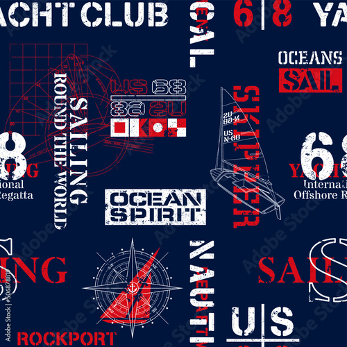 Nautical sailing adventure, yacht club seamless pattern print