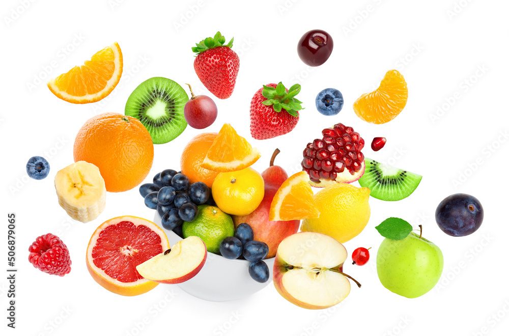 Fruits falling on white background. Mixed fruits. Healthy food