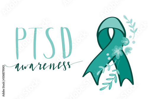 PTSD Awareness hand lettering vector illustration with teal ribbon support symbol
