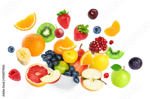 Fruits falling on white background. Mixed fruits. Healthy food