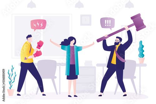 Woman tries to prevent fight between colleagues. Angry man with hammer swings at opponent
