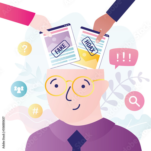 Journalists litter people brains with fake news. Manipulation of citizens through mass media. Press clogs human mind with hoax and lies. Global internet propaganda. Fake news in social media.