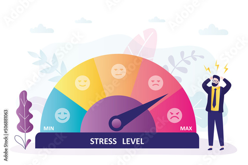 Stressmeter shows high level of tension in businessman. Exhausted man suffering from headache
