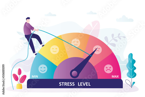 Angry man pulls arrow of stressmeter down. Male character trying to control stress level
