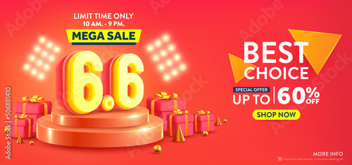 Vector of 6.6 Shopping day Poster or banner with 6.6 over on product podium scene.6 June sales banner template design for social media and website.Special Offer Sale 60% Off campaign or promotion.