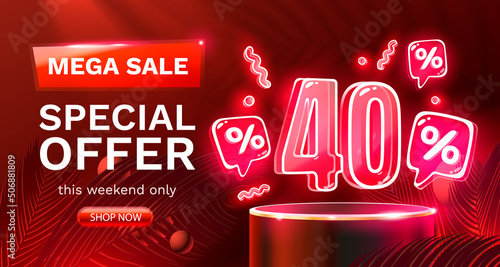 Mega sale special offer, Neon 40 off sale banner. Sign board promotion. Vector