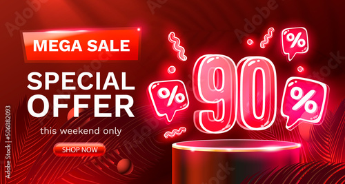 Mega sale special offer, Neon 90 off sale banner. Sign board promotion. Vector