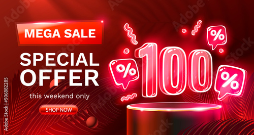 Mega sale special offer, Neon 100 off sale banner. Sign board promotion. Vector