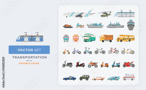 Transportation set vector illustration. Logistic and public vehicles. Color Editable Eps 10.