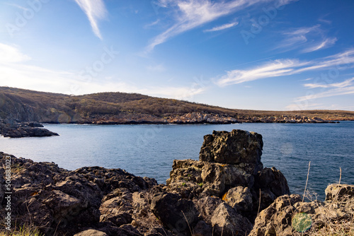 Bulgarian landscape with the Black Sea and stones at sunset
