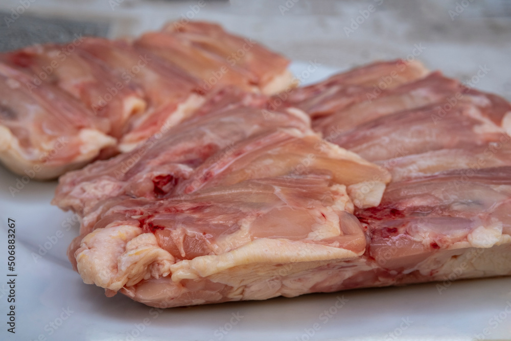 Raw chicken meat, shredded and ready to be cooked. Selective Focus Front